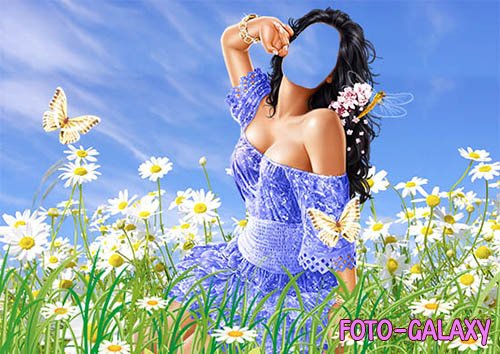 Шаблон для фотошопа - Девушка на цветочной лужайке