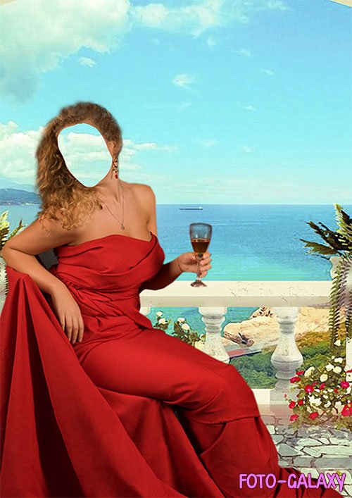 Костюм для фотомонтажа - В красном платье с бокалом вина на фоне моря