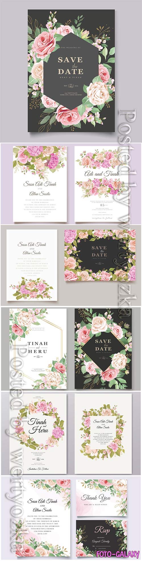 Wedding invitation cards with flowers in vector # 2