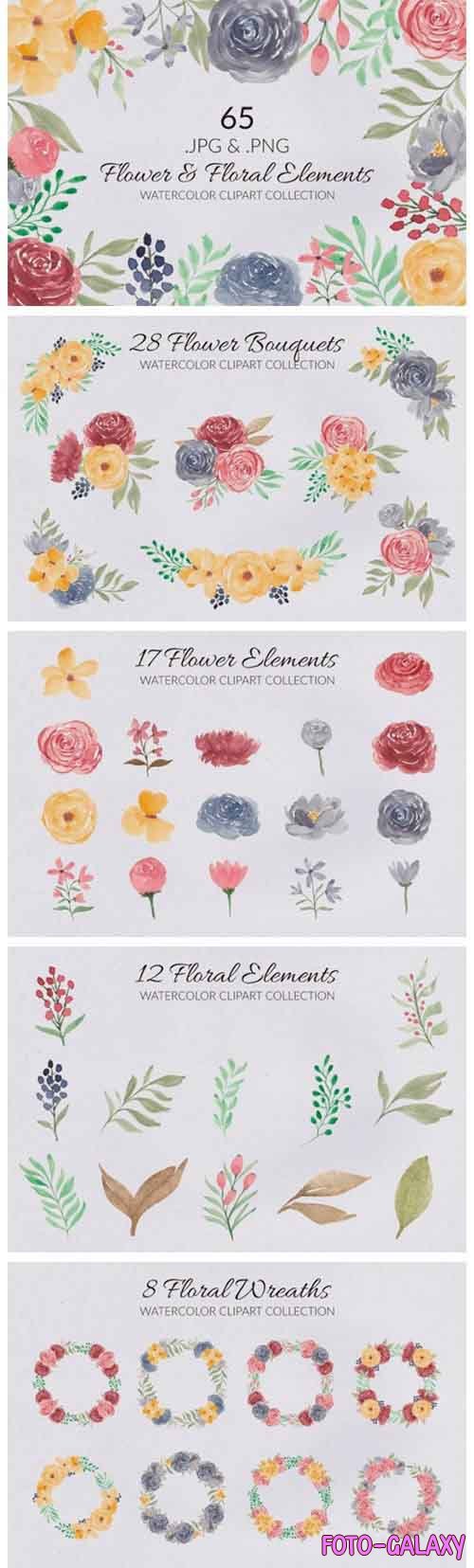65 Flower and Floral Watercolor Illustration Clip Art - 591798