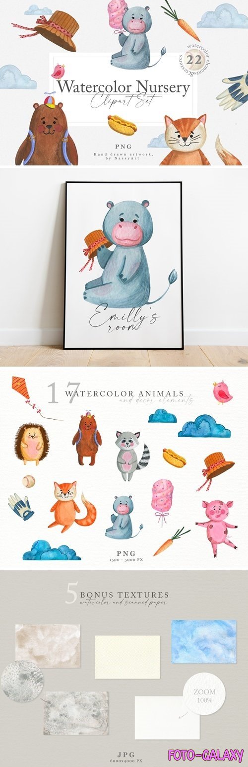 Watercolor Nursery Clipart Animals
