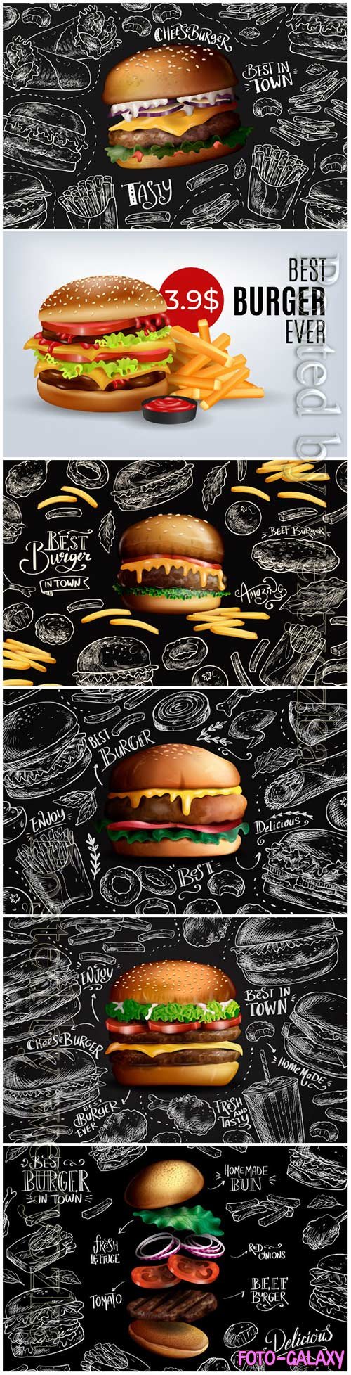 Falling realistic burger on chalkboard background