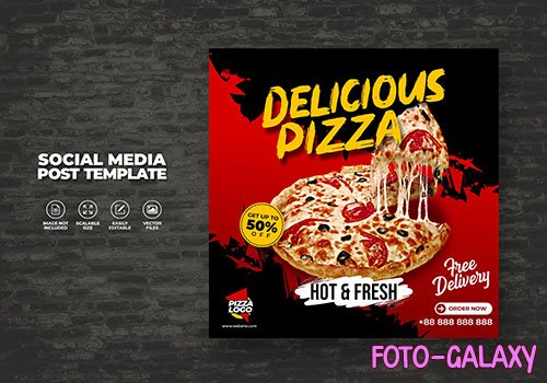 Food menu and delicious hot fresh vector pizza