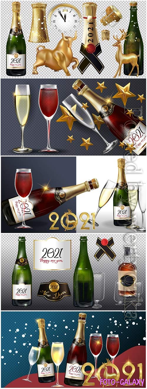 Happy new year 2021 a bottle of champagne on a transparent background