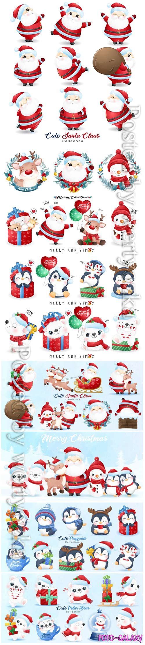 Cute santa claus and friends for christmas day with watercolor vector illustration