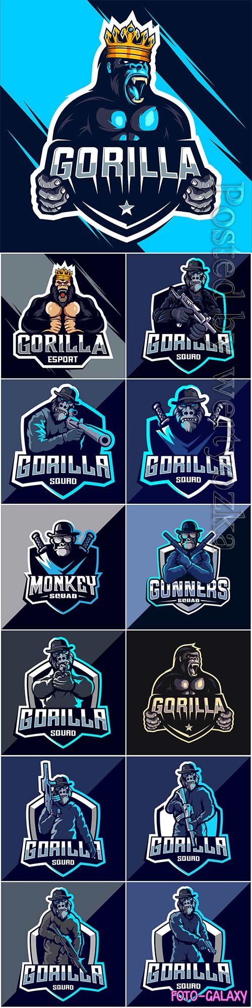 Gorilla squad esport logo design premium vector
