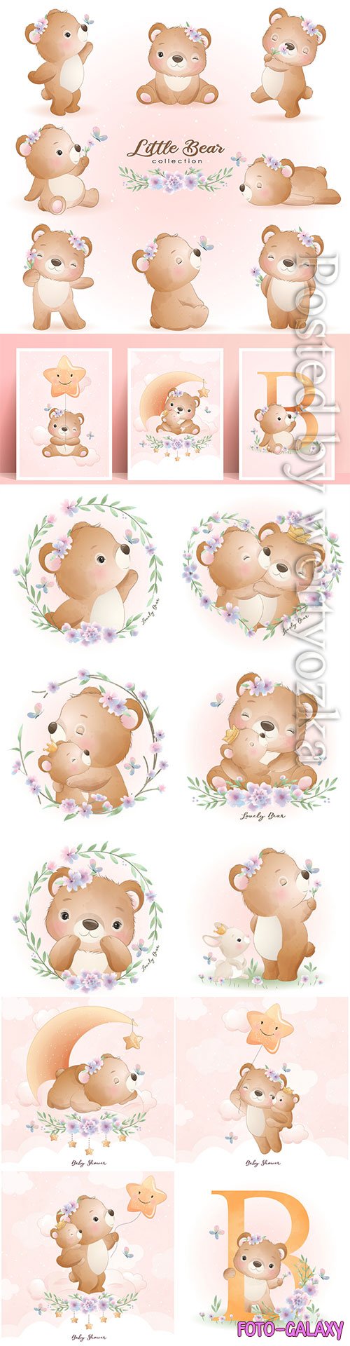 Cute doodle bear poses with floral set illustration premium vector
