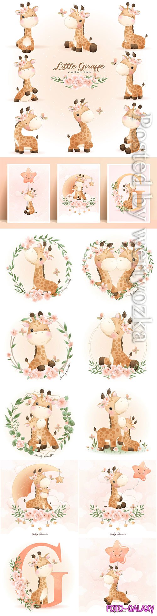 Cute doodle giraffe poses with floral illustration premium vector