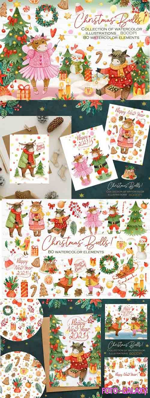 Hand-draw watercolor Christmas Bulls collection.Illustration - 1055917