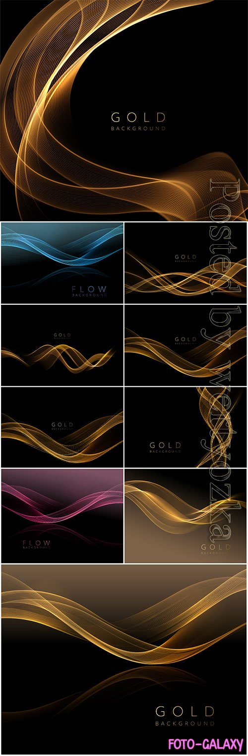 Abstract shiny golden wavy element on dark vector background