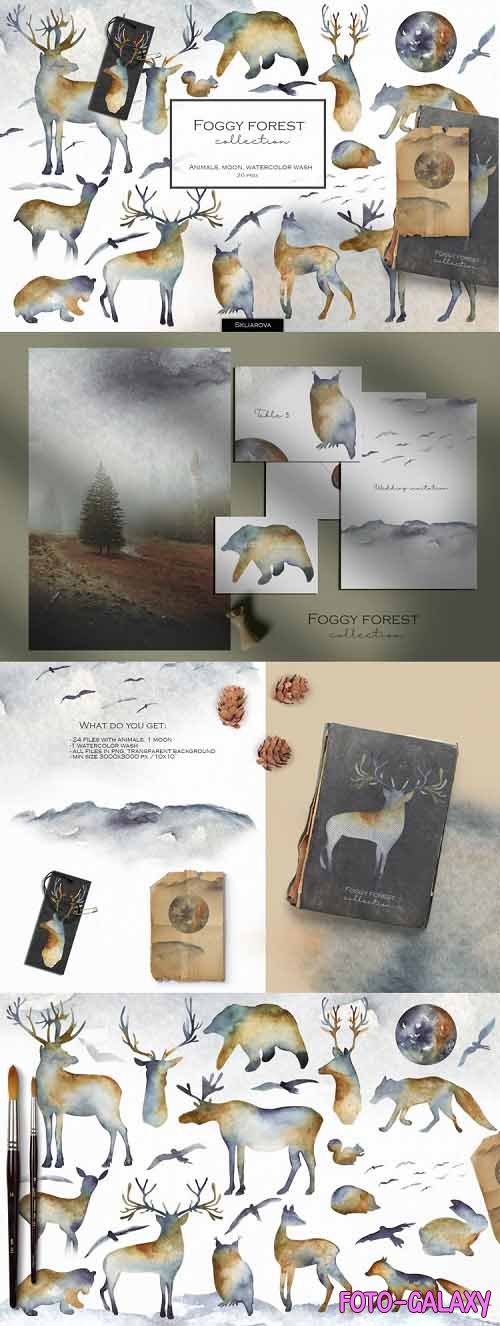 Foggy forest collection. Watercolor animals - 1052125