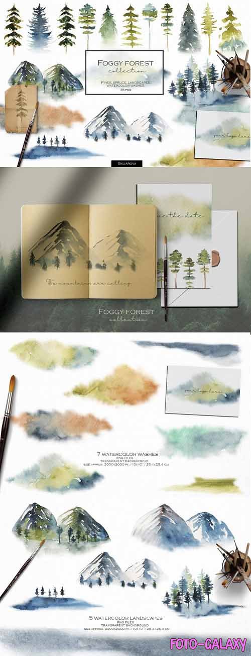 Foggy forest collection. Watercolor tress & landscapes - 1052128