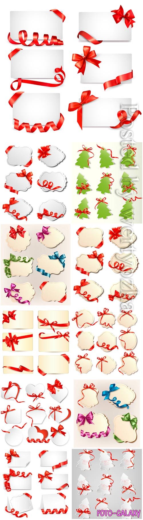 Set of gift vector cards with colorful gift bows with ribbons