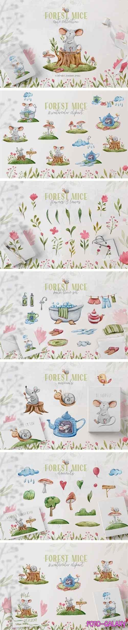 Watercolor cute mice clipart. Forest cartoon mouse and snail - 1058061