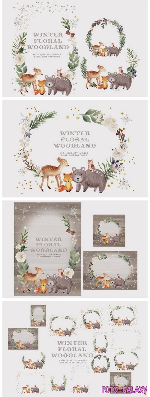 Frame Watercolor Winter Woodland, Christmas Animal Clipart - 1103911
