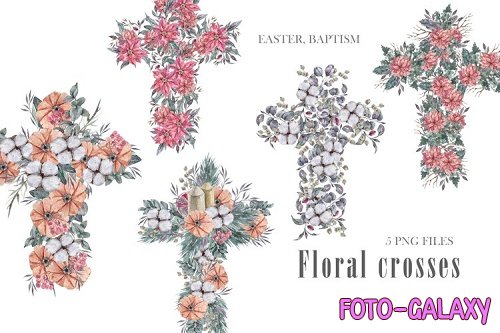 Watercolor Easter crosses clipart, floral bouquet clipart - 1148107