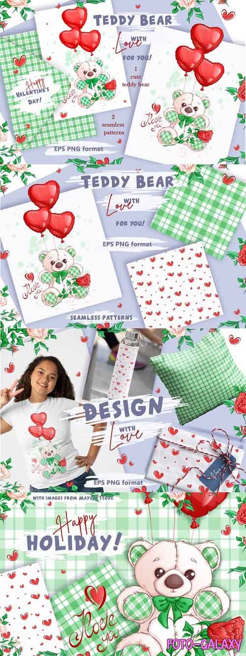 White Teddy Bear for Valentine's Day. Clipart and patterns - 1161518