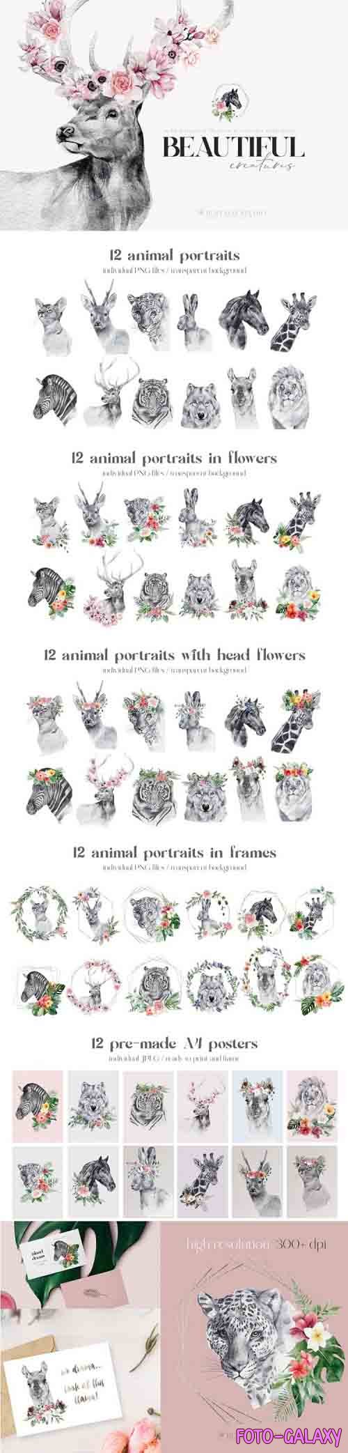 Watercolor Animal Portraits Flowers Wall Posters PNG JPEG - 1171451