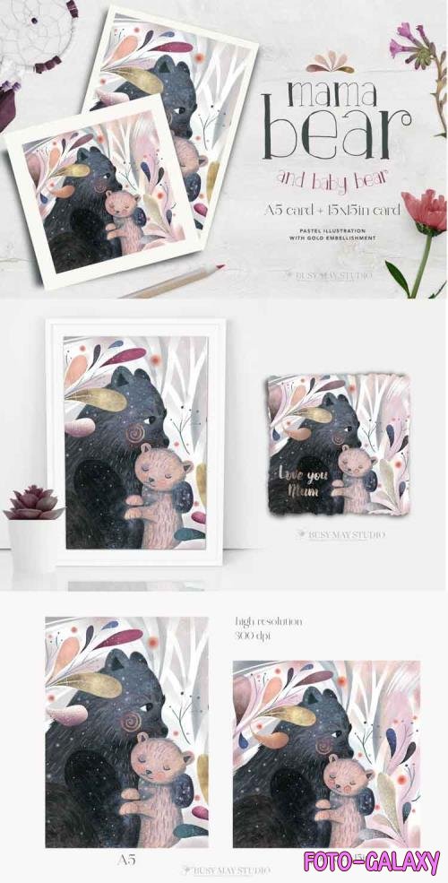 Mama Baby Bear Hug Pastel Illustration Card Rose Gold Leaves - 1173550