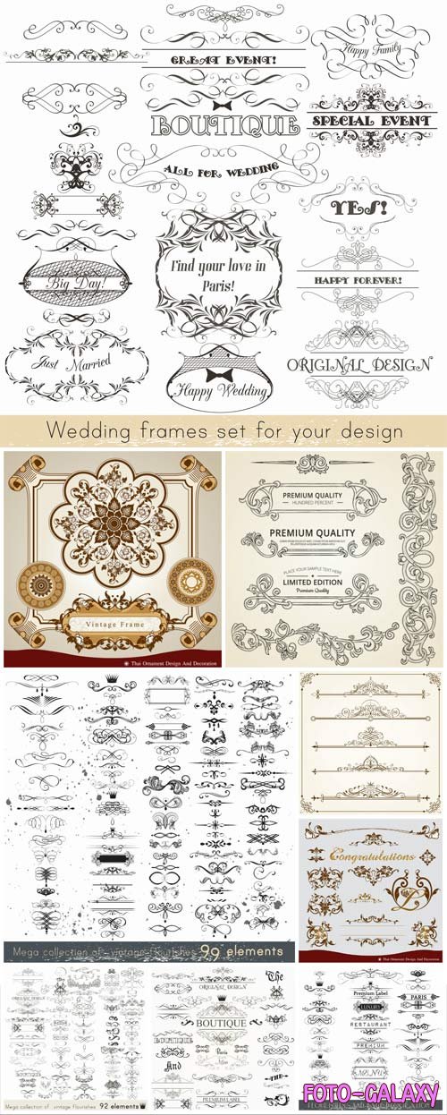 Wedding frames, vintage ornaments in vector
