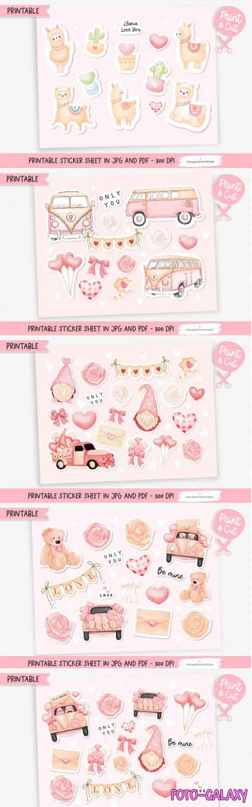 Valentine Printable Stickers sheet Bundle - Teddy Bear, Pink Van, Gnome, Llama