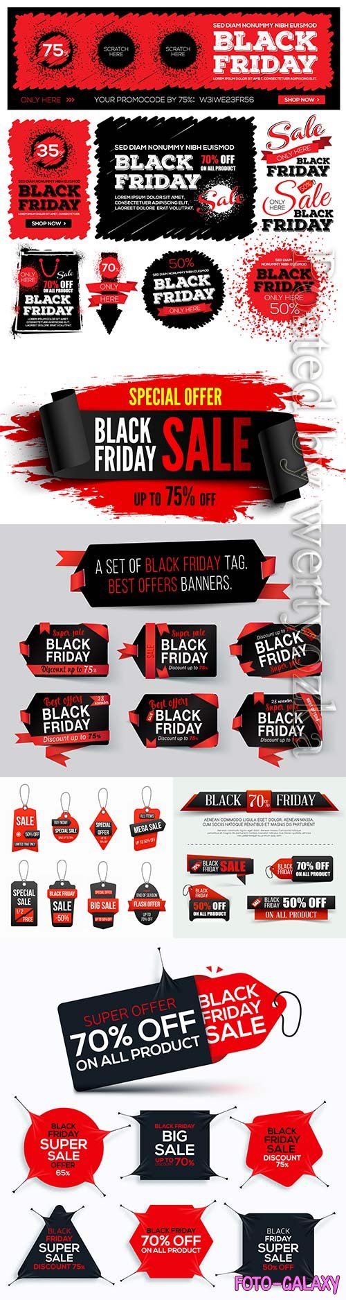 Set black friday tag with red ribbon