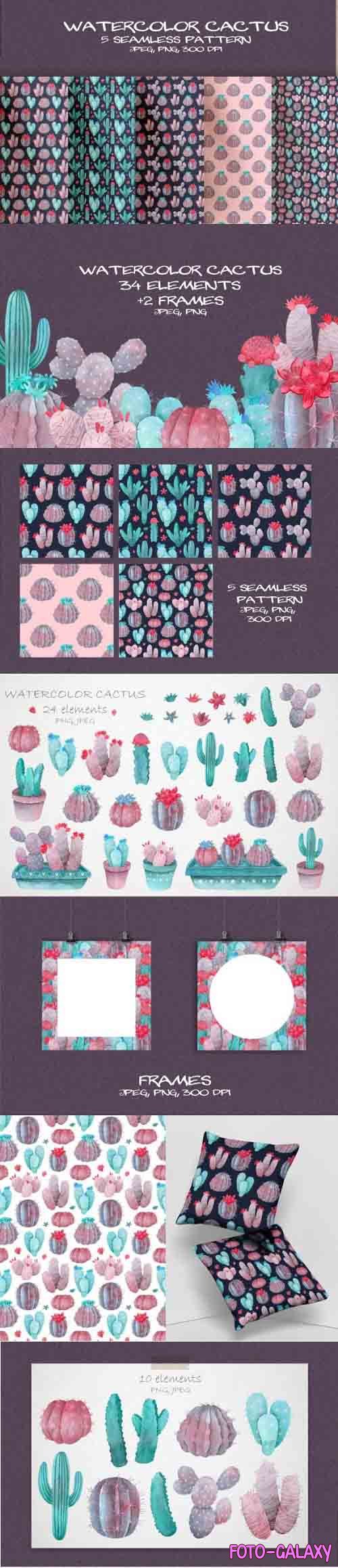 Violet Watercolor Cactus Clipart and Seamless Pattern