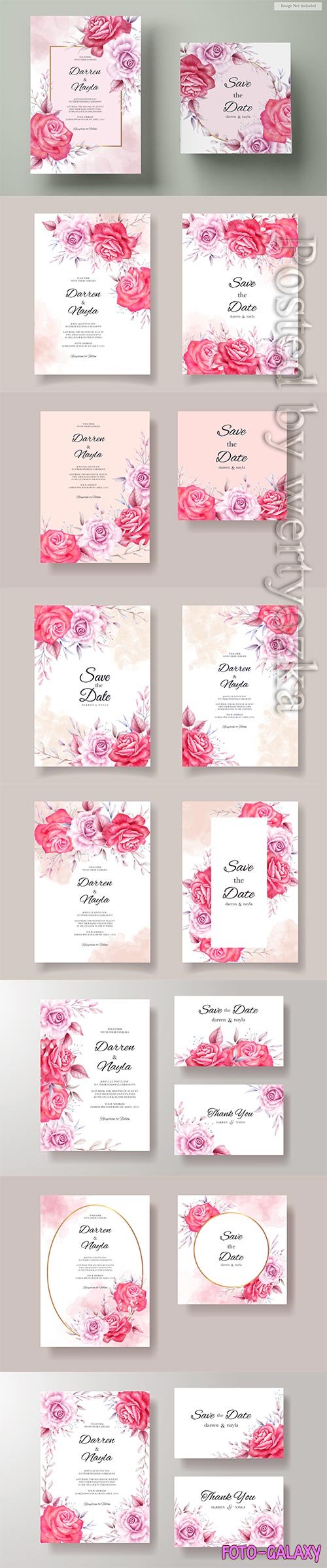 Beautiful wedding invitation with red and purple roses