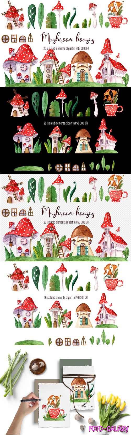 Watercolor hand-drawn set of beautiful Mushroom houses - 1217917