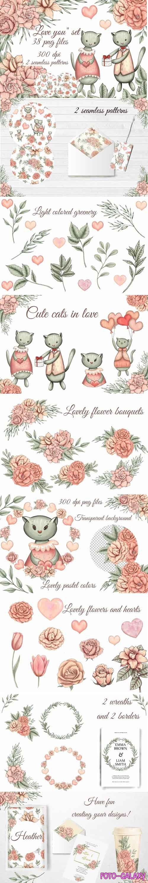 cute love cats clipart, pink flowers png, floral bouquets - 1182449