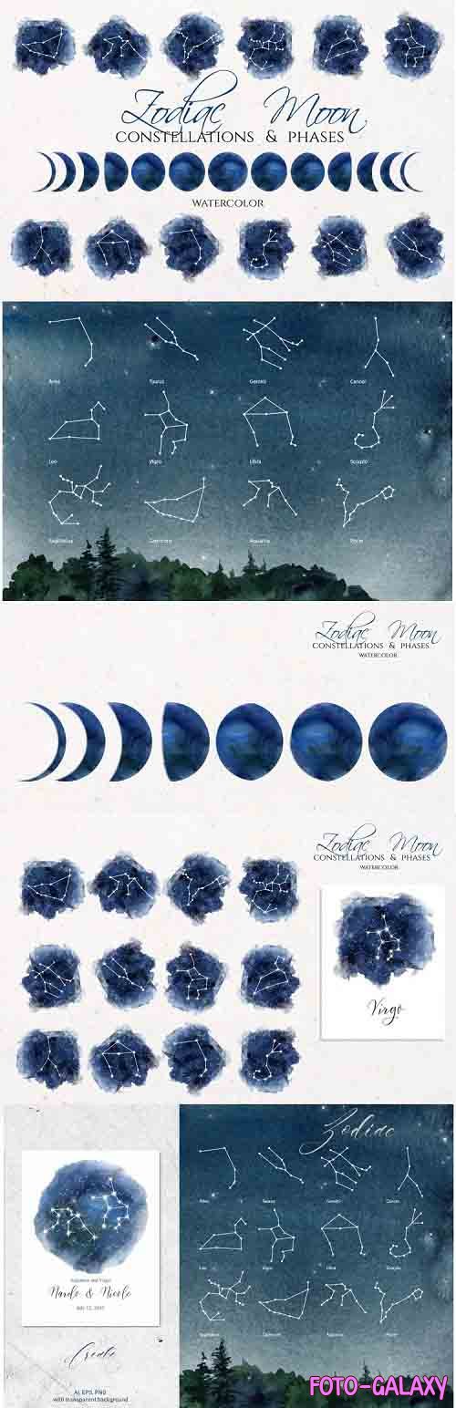 Watercolor Zodiac & Blue Moon Clipart - 1263700
