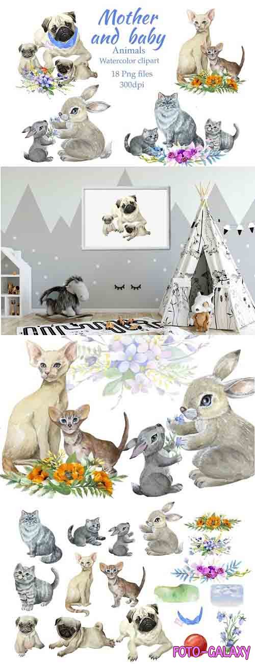 Mother and baby animals, watercolor clipart, Mothers day - 1259334