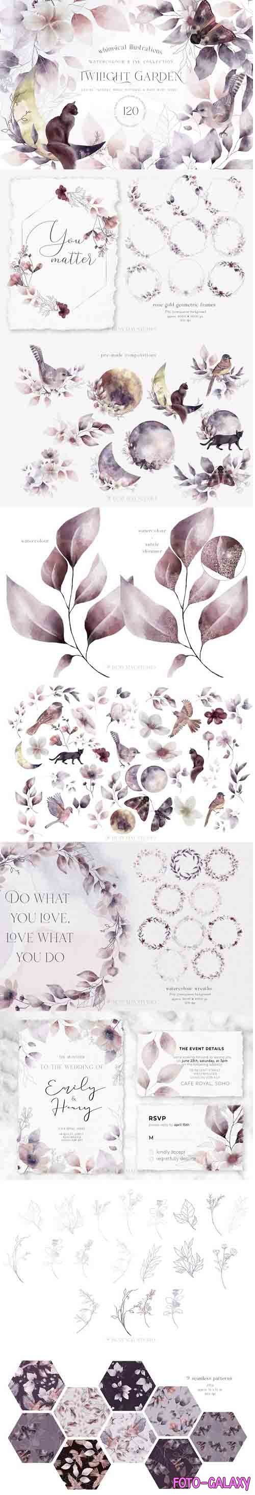 Whimsical Leaves Flowers Birds Moons Watercolor Patterns - 1284729 - Twilight Garden