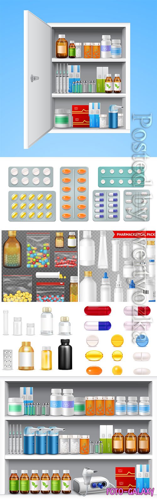 Medical drugs in vector, bottles with pills and medicines