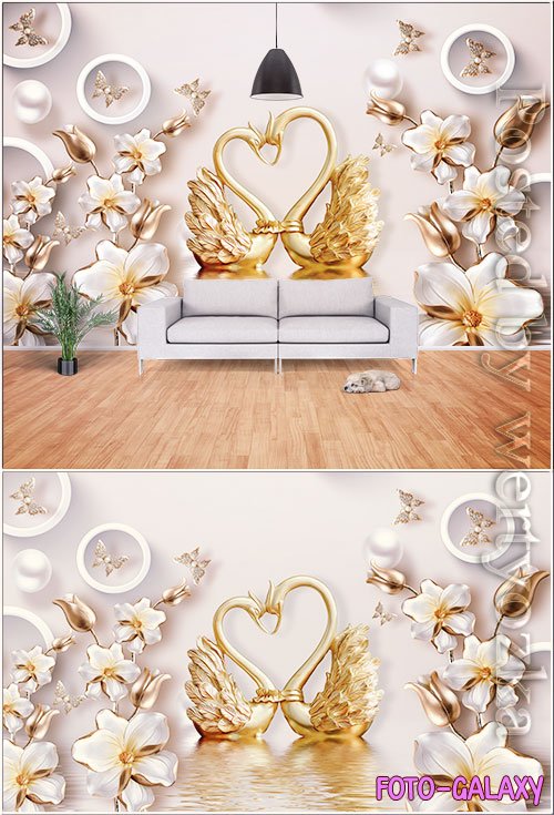 Modern swan, flower, pearl, jewel 3d electric background wall