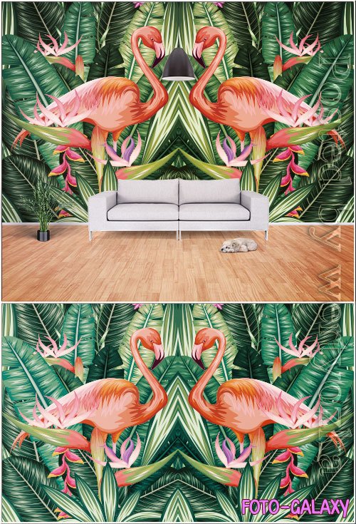 Modern hand drawn abstract tropical rainforest banana leaf flame bird tv background