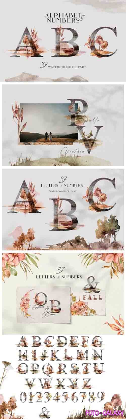 Watercolor Alphabet clipart. Floral letters and numbers - 1349029