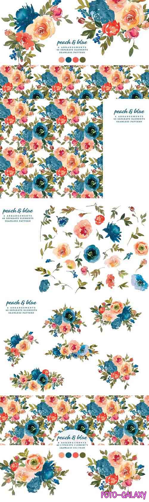 Watercolor Peach & Blue Clipart - 6157004