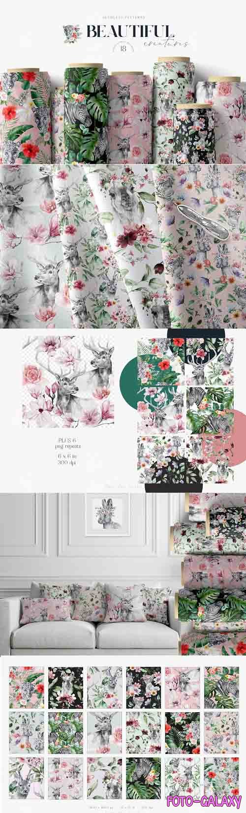 Animals and Flowers Seamless Patterns | Summer Patterns - 1373134