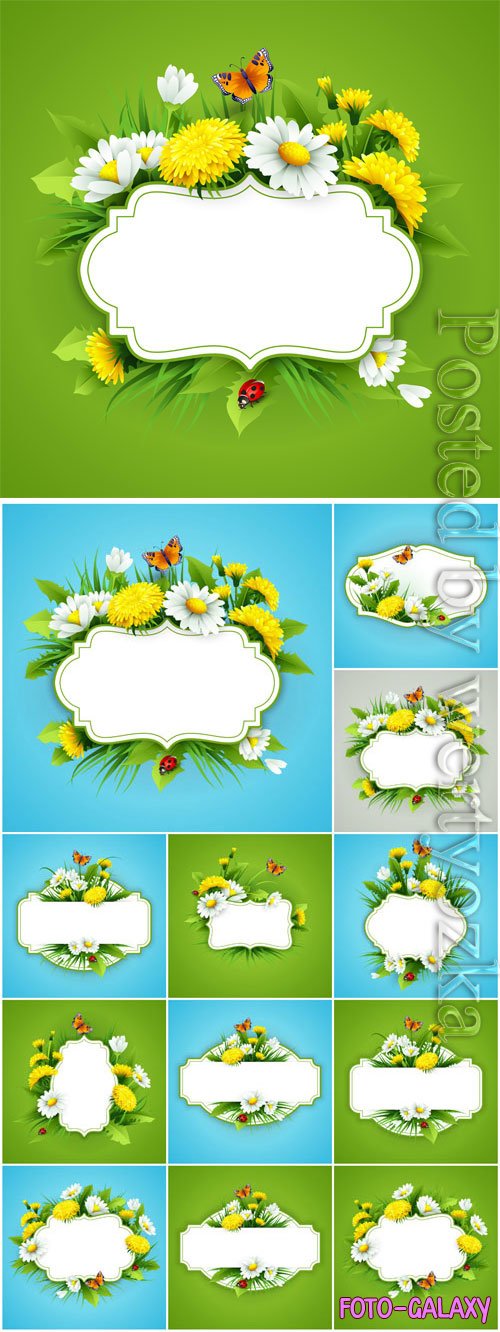 Frames with flowers, butterflies and ladybirds in vector