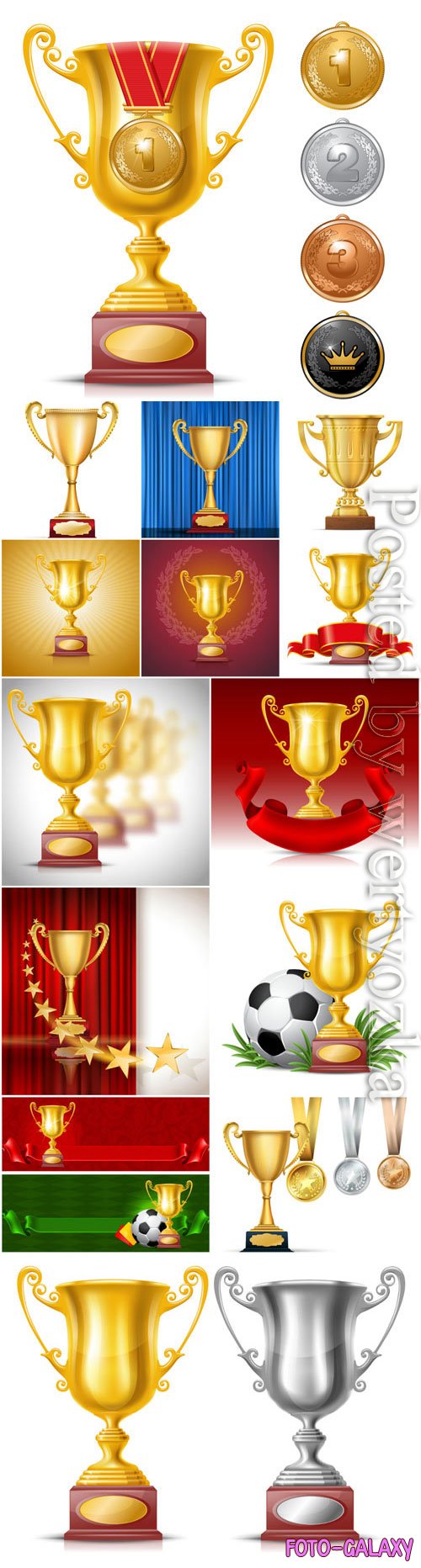 Cups and gold medals in vector
