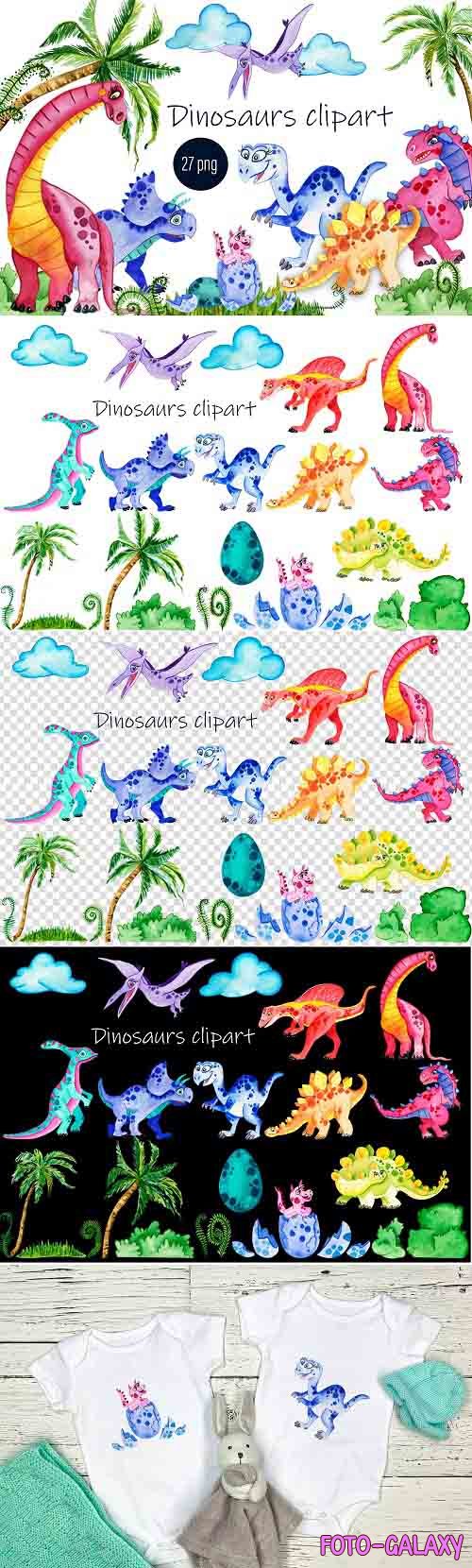 Baby Cute Dinosaurs Watercolor Clipart - 1374750