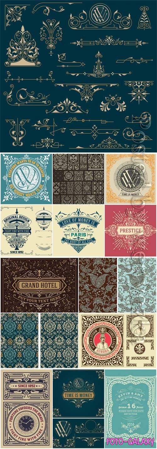 Vintage elements, labels and patterns in vector