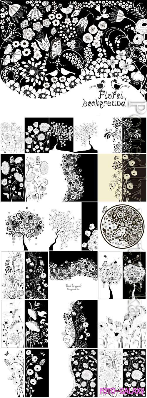 Flowers and birds in black and white style in vector