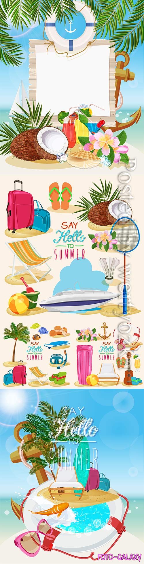 Summer vacation, sea, palm trees, cocktails in vector vol 5