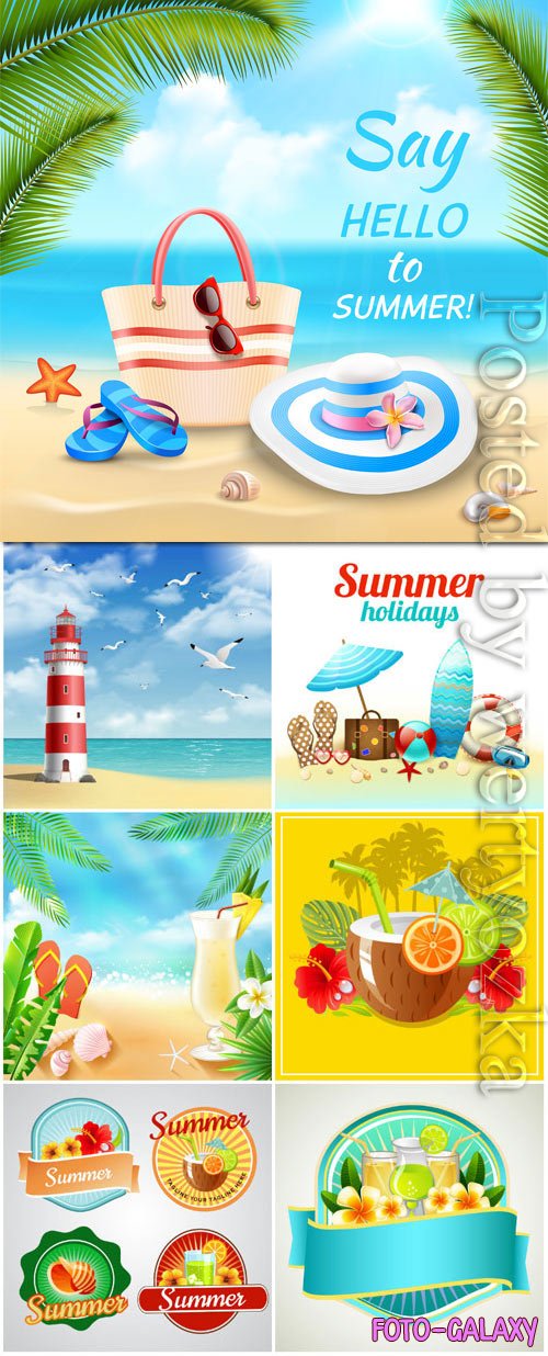 Summer vacation, sea, palm trees, cocktails in vector vol 19