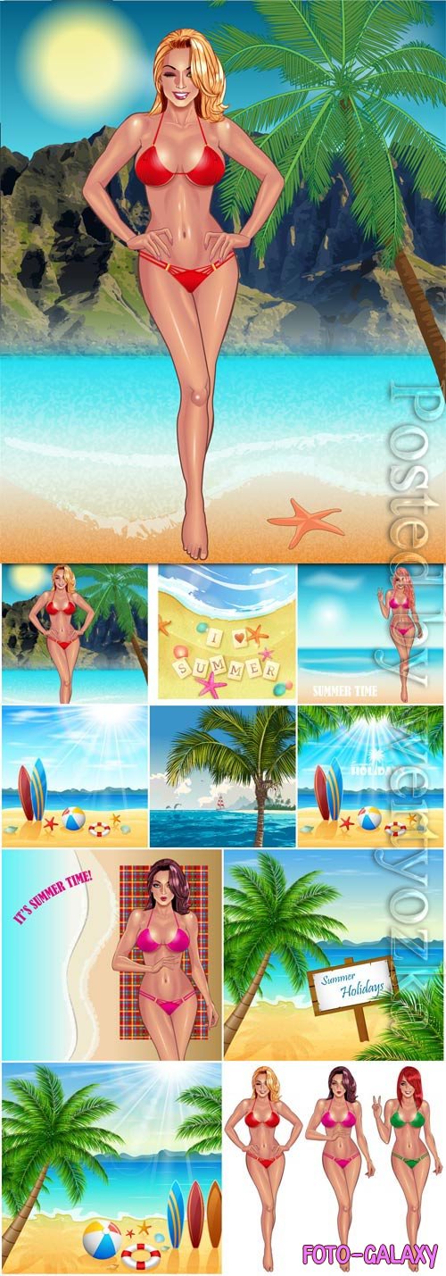 Summer vacation, sea, palm trees, cocktails in vector vol 17