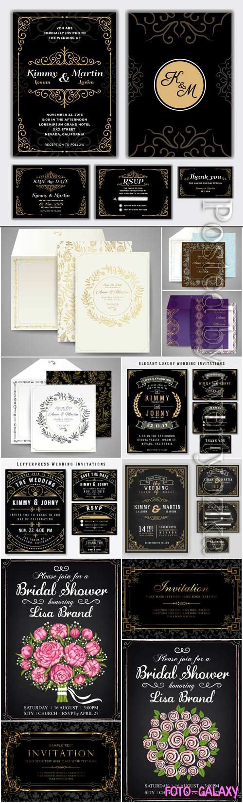 Wedding invitation cards with gold design and flowers in vector