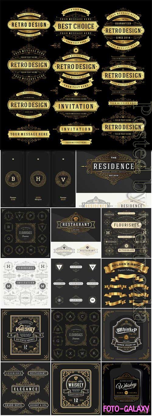 Labels, logos and golden ribbons in vector