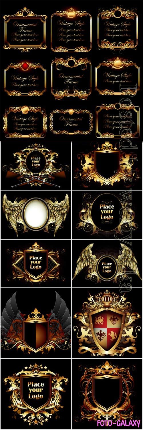 Coat of arms and frames with golden design in vector